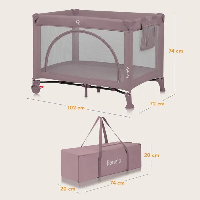Lit parapluie bébé compact LIONELO Laura - Parc bébé -  2 niveaux du matelas - 2 roulettes - Rose-5