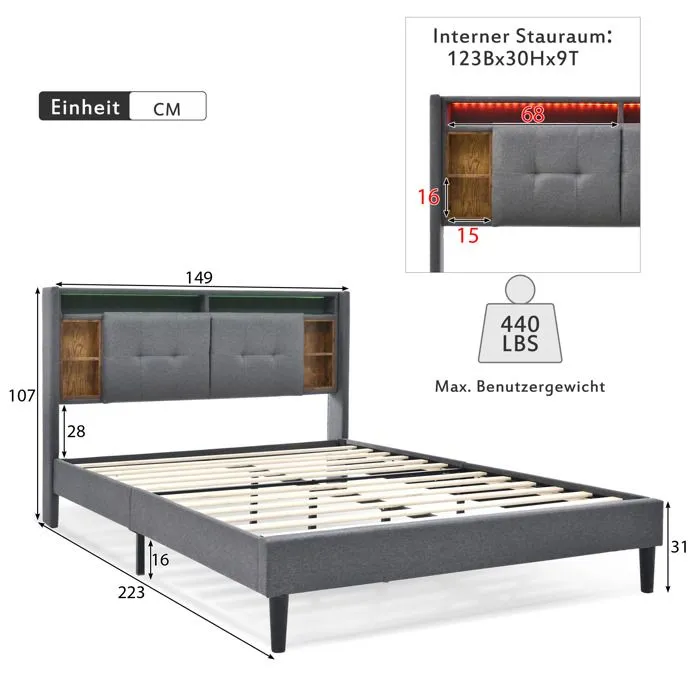 Lit adulte 140x200 cm - Tête de lit avec rangement , LED et ports USB - Sommier inclus - Gris-5