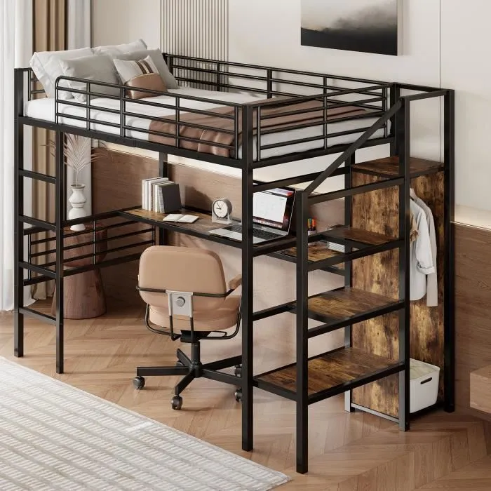 Lit mezzanine - DREAMMESPACE - 90x200cm - Métal noir - Bureau intégré - Armoire ouverte-0