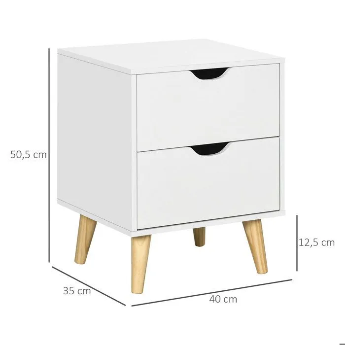 HOMCOM Table de Chevet: Style Scandinave, 2 Tiroirs, Blanc et Bois, 40x35x50,5 cm-4