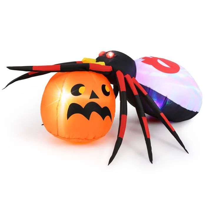 COSTWAY Citrouille de Araignée Gonflable 150x140cm, Décoration d'Halloween LED de Citrouille Gonflable avec Lumière Rotative Colorée-0