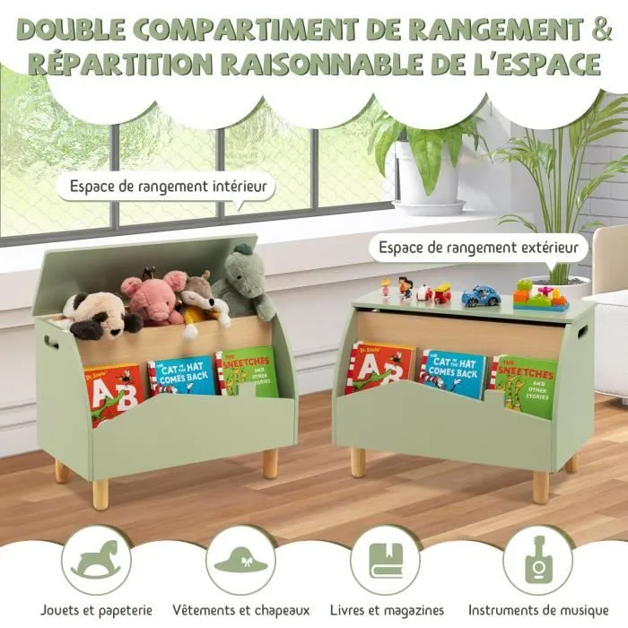 COSTWAY Coffre Jouet en Bois, Couvercle Rabattable, Charnière de Sécurité, 60 x 30 x 44 CM Rangement Salle de Jeux Vert-1