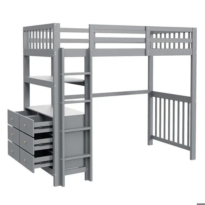 Gutent Lit mezzanine 90x200cm, Échelle de sécurité, Tiroirs et étagères, Lit simple,Gris-4