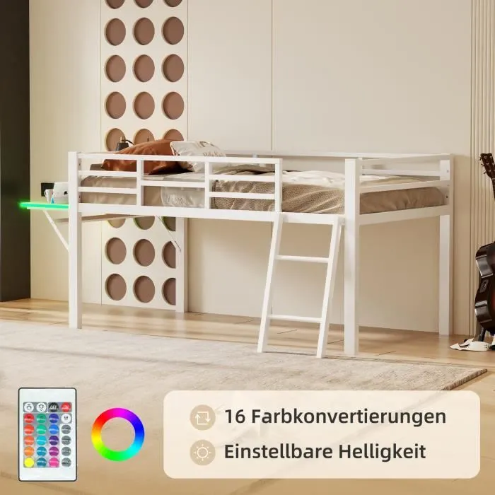 Lit mezzanine enfant - DREAMMESPACE - 90x200 cm - Métal - Bureau pliable - LED télécommandée-2