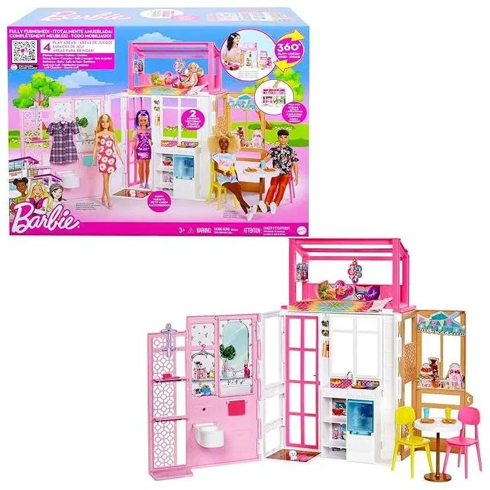 Barbie Coffret Maison De Poupée Meublée, 360 Degrés, 2 Niveaux Et 4 Zones De Jeu, Chiot Et Accessoires Inclus, de 3 à 7 Ans, HCD47-1