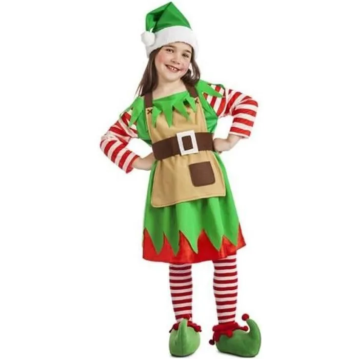 Déguisement Elfe de Noël Fille - Robe, Ceinture, Tablier, Jambières et Bonnet - Vert Multicolore - 3 Ans et Plus-0