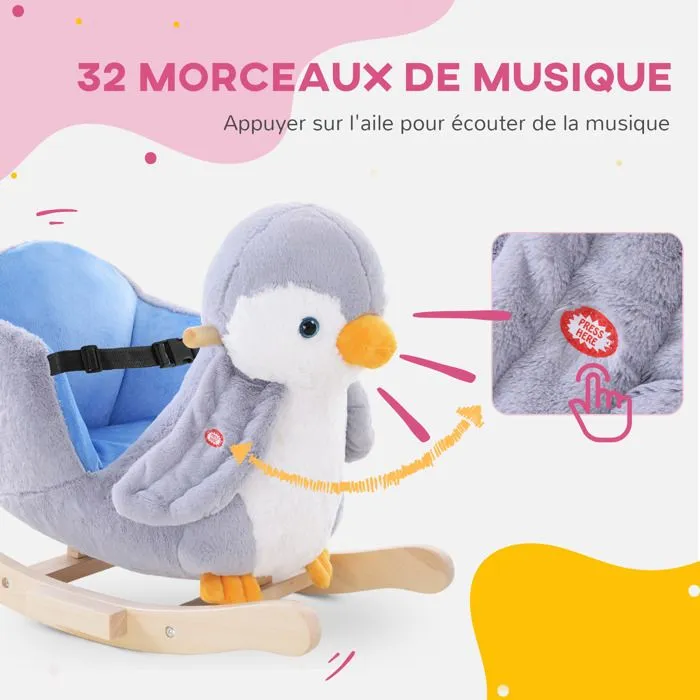 Pingouin à bascule cheval à bascule pour enfants HOMCOM jouet à bascule bébé +18 mois musique, poignées et ceinture de sécurité-4