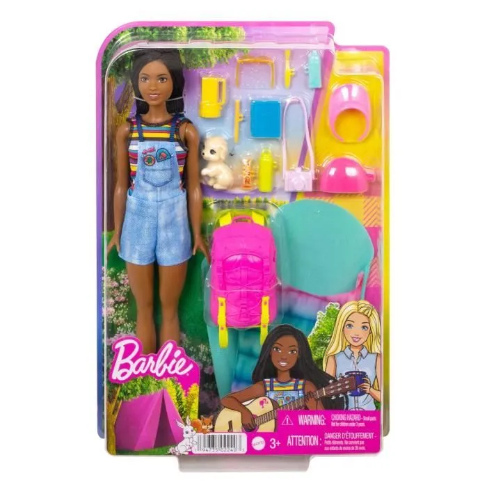 Barbie - Barbie Brooklyn Camping avec mini-figurine chiot, sac à dos, sac de couchage et accessoires - Poupée HDF74-1