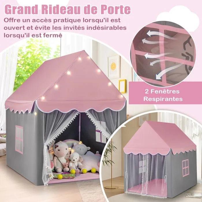 Tente de Jeux pour 4 Enfants COSTWAY-Tapis en Coton Amovible et Lavable-Lumières Étoiles- Fenêtre et Rideau-105 x 121 x 136 cm-Rose-3