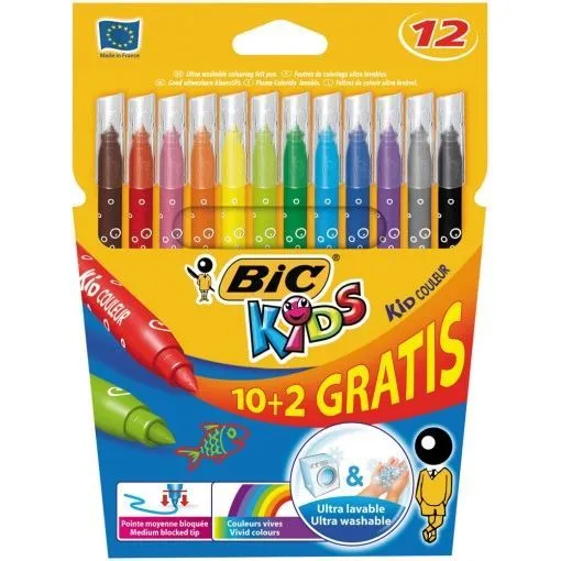 Feutres de coloriage - BIC - Pochette de 10 + 2 Gratuits - 12 Couleurs - Pointe moyenne - Ultra-lavable-2