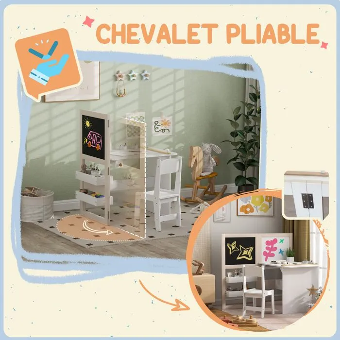 Table enfant avec chaise AIYAPLAY 3 en 1 avec chevalet pliable étagères de rangement, rouleau de papier - 3 à 8 ans, blanc-5