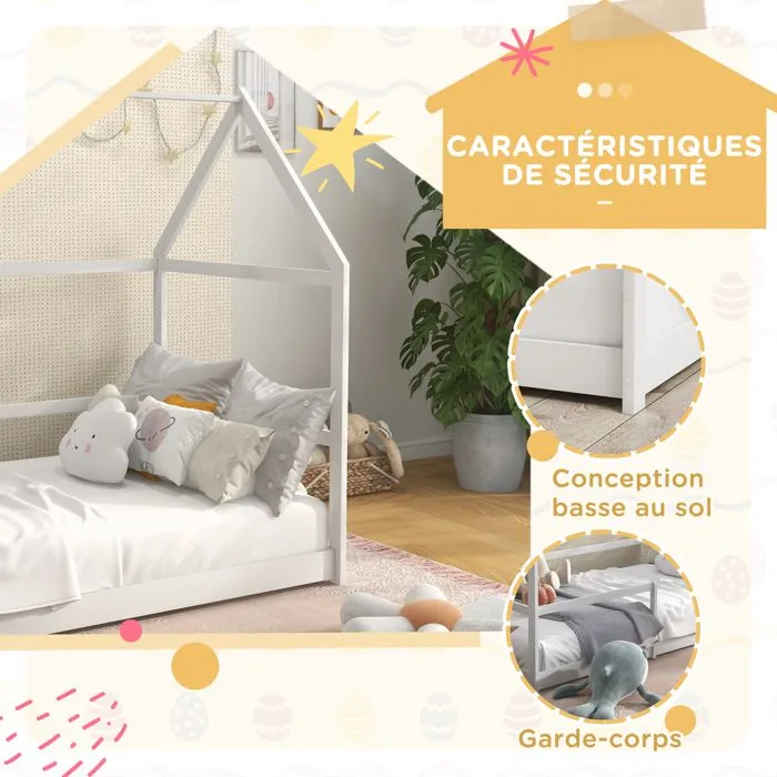Lit cabane enfants 90x190 cm AIYAPLAY lit enfants lit maison enfant avec protection antichute, sommier à lattes et toit blanc-5