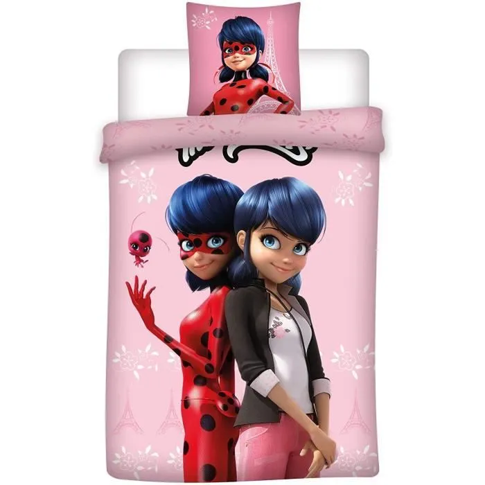 Parure de lit Miraculous Ladybug Rose - Housse de Couette Réversible 140x200 cm + Taie d'oreiller 63x63 cm-0