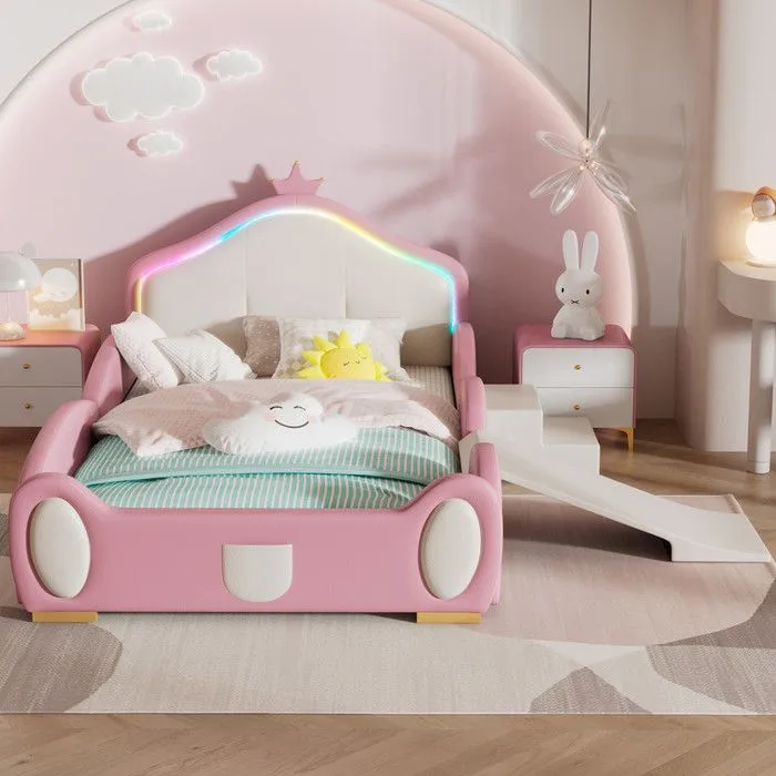 Lit enfant 90x200cm en similicuir avec petit toboggan et escalier + LED multicolore et sommier à lattes - Beige-0