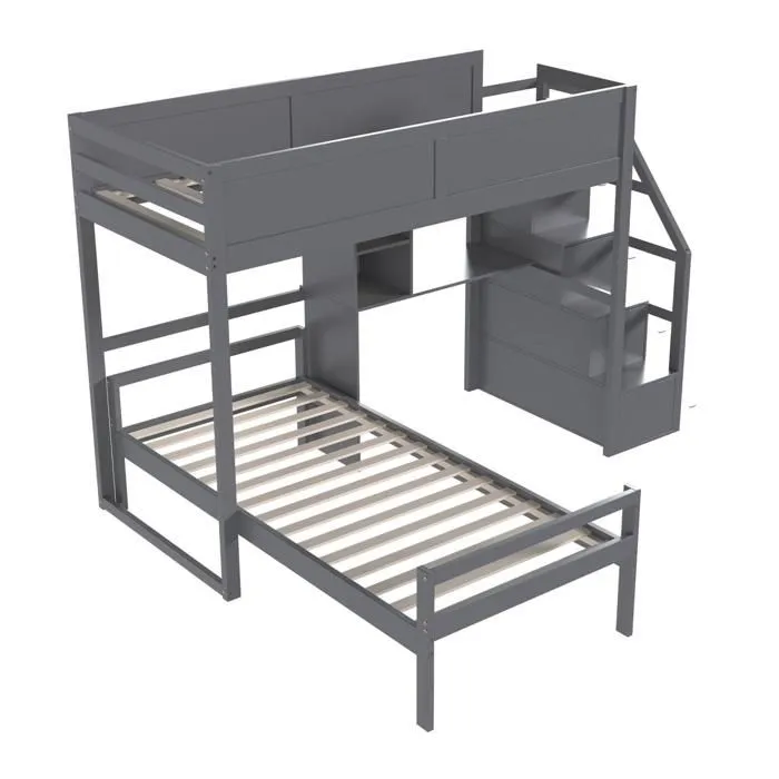 Lit superposé 90x200cm en bois massif - avec escalier de rangement et bureau - Gris-5