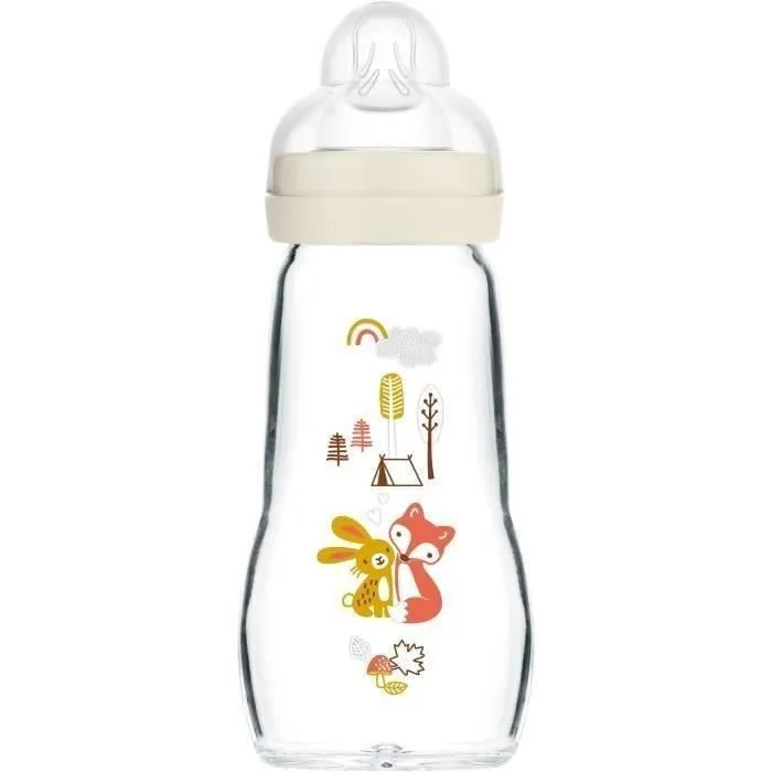 Biberon en verre MAM Hérisson Blanc 260ml - 0 à 6 mois - Tétine Débit 2-0