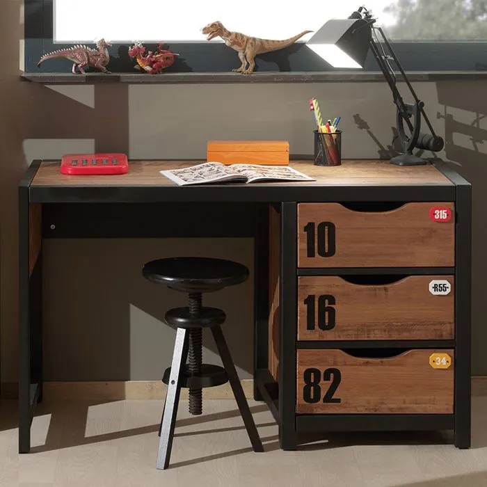 Bureau - VIPACK - Alex en pin massif et MDF - 3 tiroirs - style industriel-1