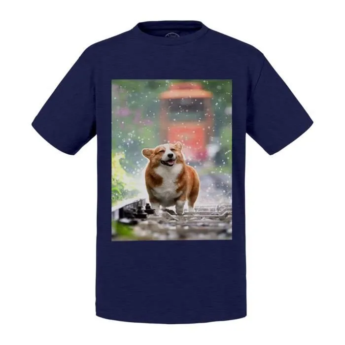 T-shirt Enfant Gris Welsh Corgi Petit Chien Mignon Poils Longs Mignon Rail Train-0