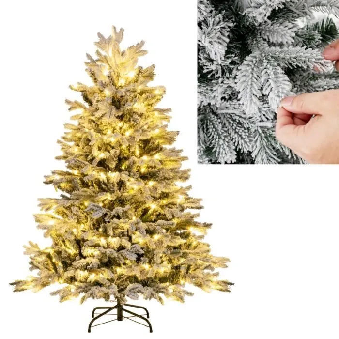 Sapin de Noël Artificiel LED 135 cm COSTWAY-200 Lumières Blanches Chaudes Pré-illuminé-688 Branches avec Neige Blanche en PE PVC-0