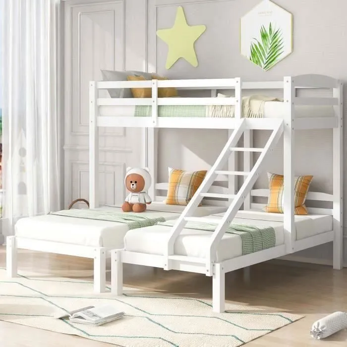 Lit superposé enfant - Blanc - 90x200 cm - 3 places - Bois massif - Sécurisé avec barrières-1