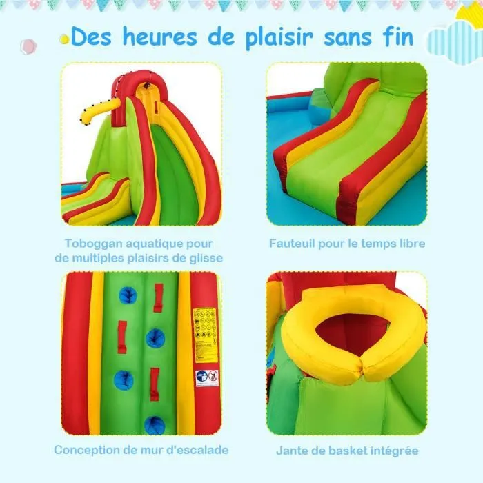COSTWAY Château Gonflable pour 3 Enfants avec 2 Toboggans,Bassin d'Eclaboussement,Canon à Eau Charge Max 160KG Souffleur Non-inclus-1