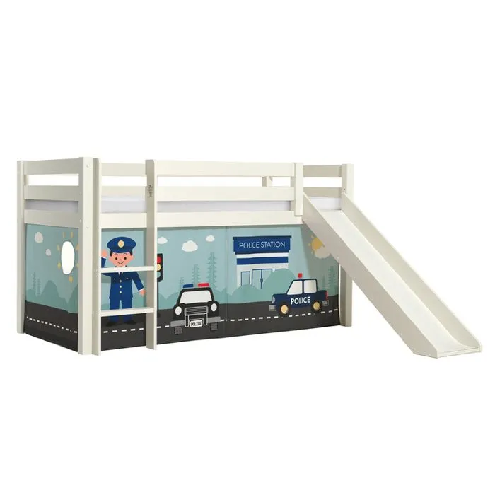 Lit mezzanine avec toboggan et rideau de lit Police - Vipack - Pino - Bois massif - Blanc - 1 place - 90x200 cm-1