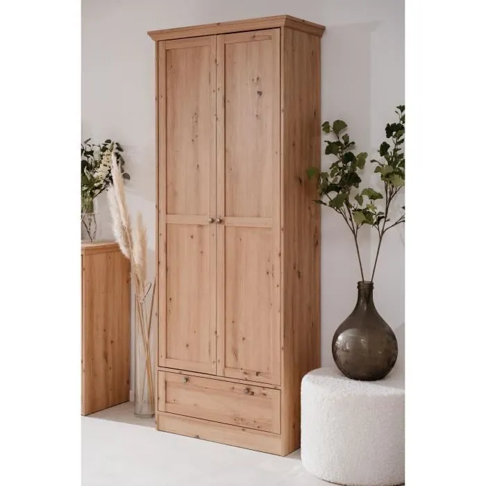 Armoire - Landwood - Décor chêne artisan - 2 Portes - 1 Tiroir - L80 x P39 x H200 cm-5