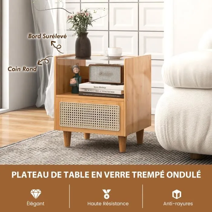 COSTWAY Table de Chevet en Bambou avec Tiroir, Plateau en Verre, Design Cannage, 4 Pieds en Bois Massif, 43 x 35 x 50 cm, Naturel-1