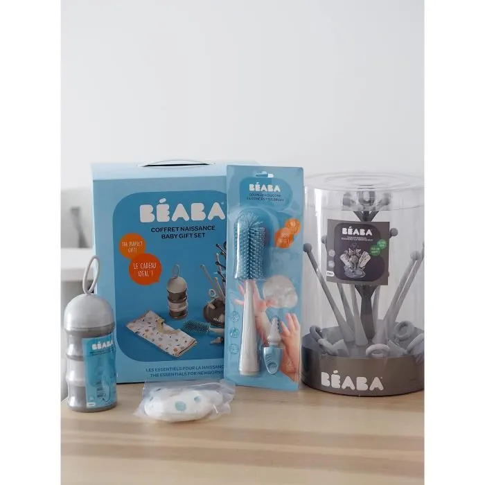 BEABA, Coffret naissance, Egoutte biberon arbre grey + Boite doseuses light/dark mist + Goupillon silicone + Bavoir coton tropical-2