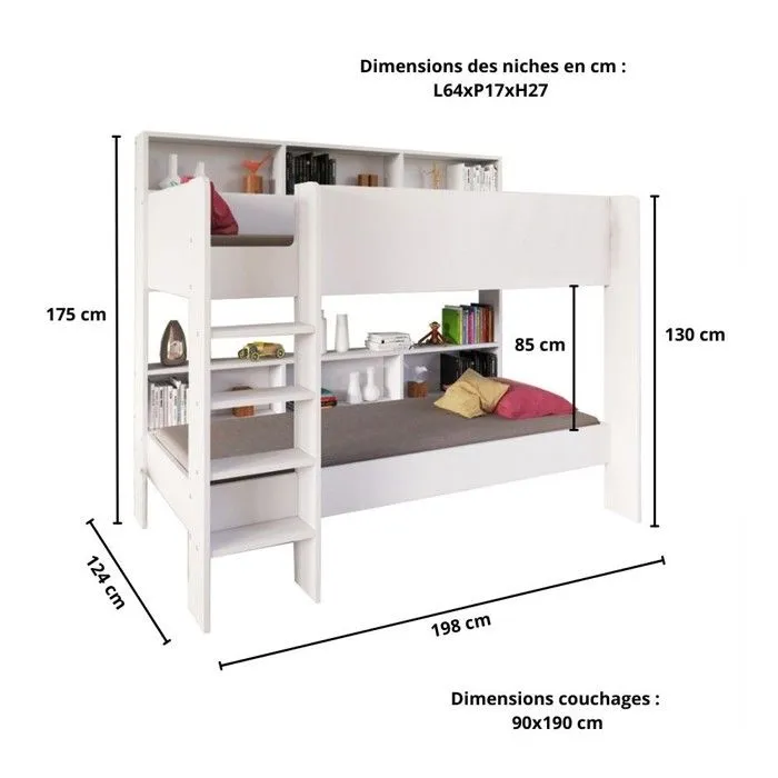 Lit superposé 90x190 Lucky - Blanc - WEBER INDUSTRIES - A lattes - Enfant - Bois - Panneaux de particules-3