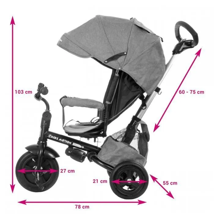 Bebeboutik HyperMotion Tricycle Evolutif Enfant 1 a 5 ans 25kg Velo Poussette Habillage Pluie Roue Pompee Siege Pivotant Gris