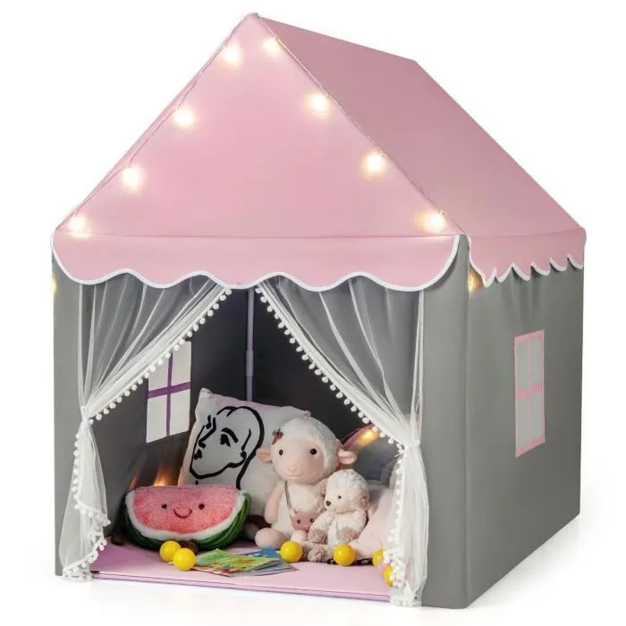 Tente de Jeux pour 4 Enfants COSTWAY-Tapis en Coton Amovible et Lavable-Lumières Étoiles- Fenêtre et Rideau-105 x 121 x 136 cm-Rose-0