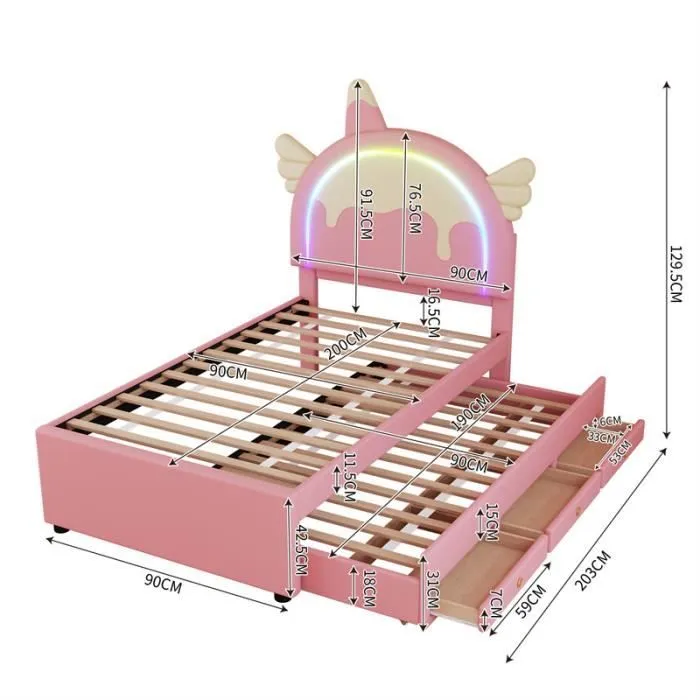 Lit gigogne - Non spécifié - 90x200cm - Tiroirs intégrés - Tête de lit licorne - Rose-3