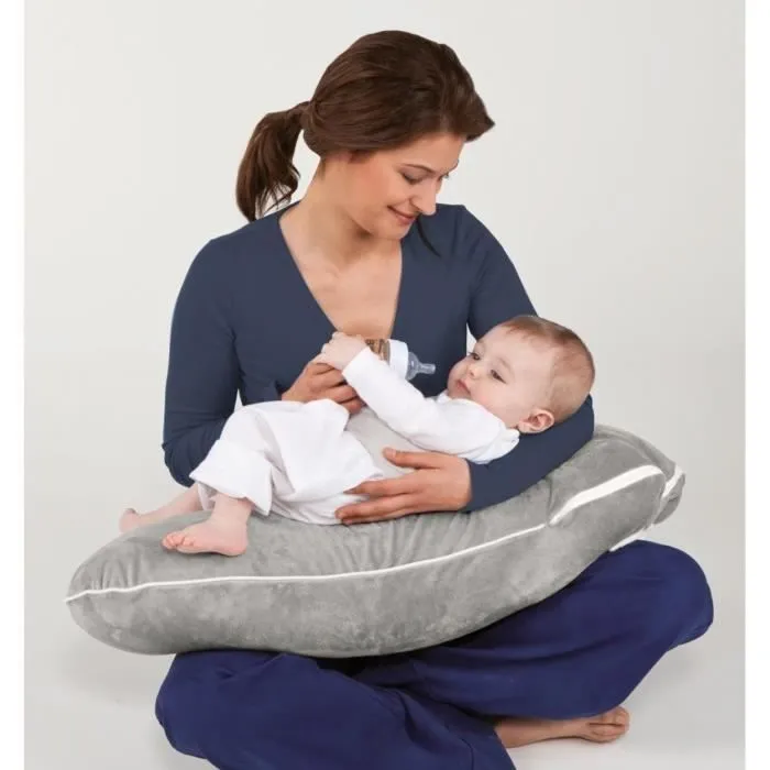 Coussin De Grossesse et D'allaitement 3 En 1 Multirelax - Fabriqué en France - 78x44cm Soft boa Gris Clair/Écru-2
