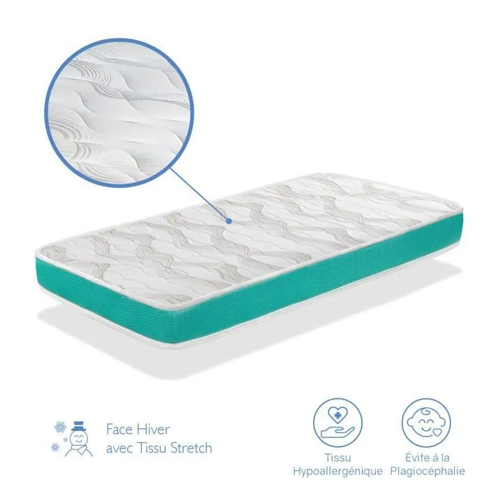 Matelas bébé MILU VERT 70X140 Epaisseur 14 CM - Noyau en mousse perforée et Respirant-1