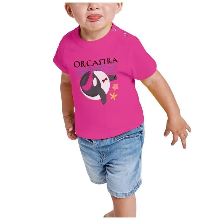 T-shirt Bébé Manche Courte Rose Orcastra Orchestre Animaux Orque Mer Dessin Enfant-1