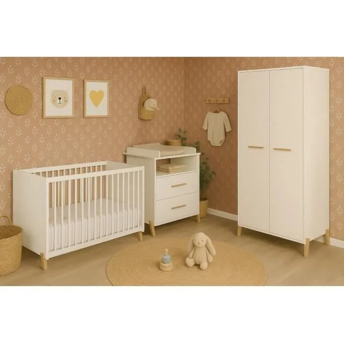 Lit bébé - 120 x 60 cm - Babyprice Joy Naturel - Blanc - Sur pieds en bois naturel-3