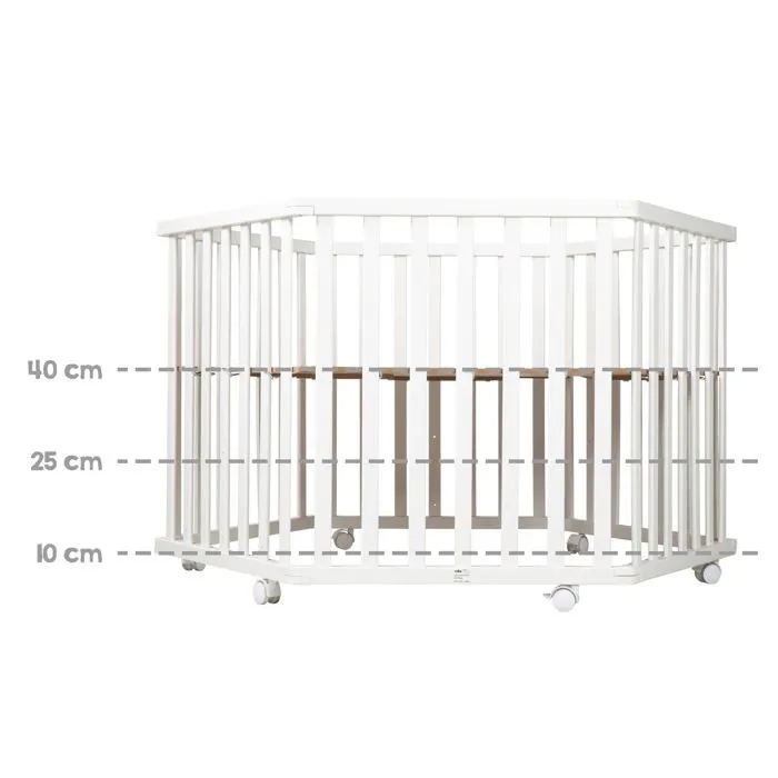 ROBA Parc Bébé Hexagonal en Bois Adam & Eule + Tapis de Parc et Roulettes avec Freins - Base Ajustable en Hauteur - Blanc-3