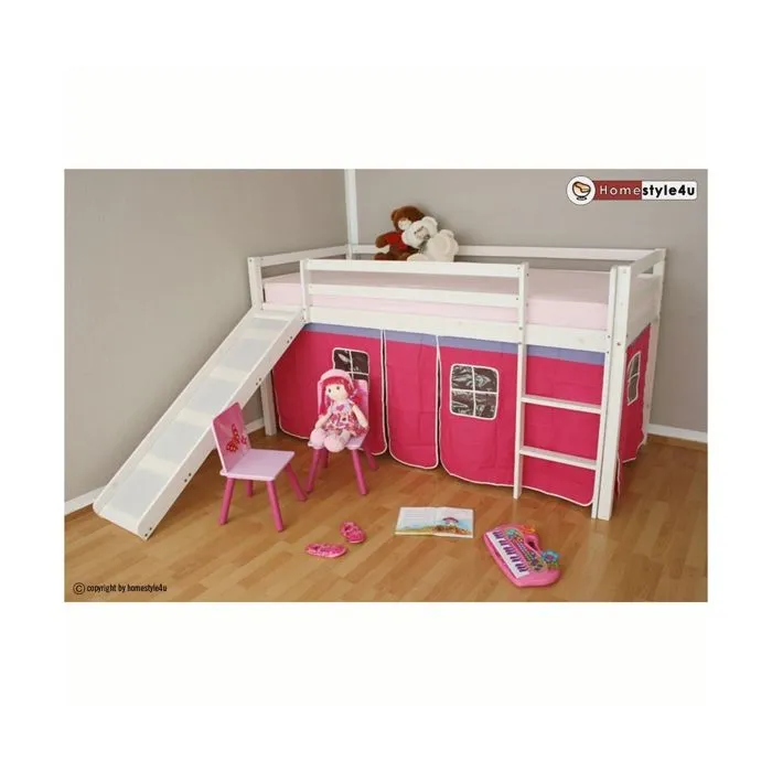 Lit Simple Blanc 90x200 en hauteur avec echelle et rideau et toboggan Fuchsia-1