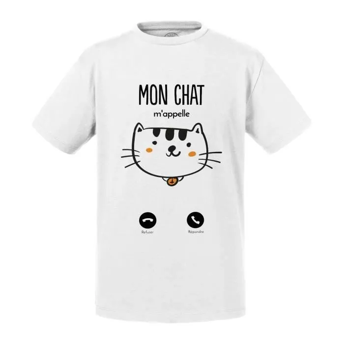 T-shirt Enfant Blanc Mon Chat M'Appelle Chaton Animaux Mignon-0