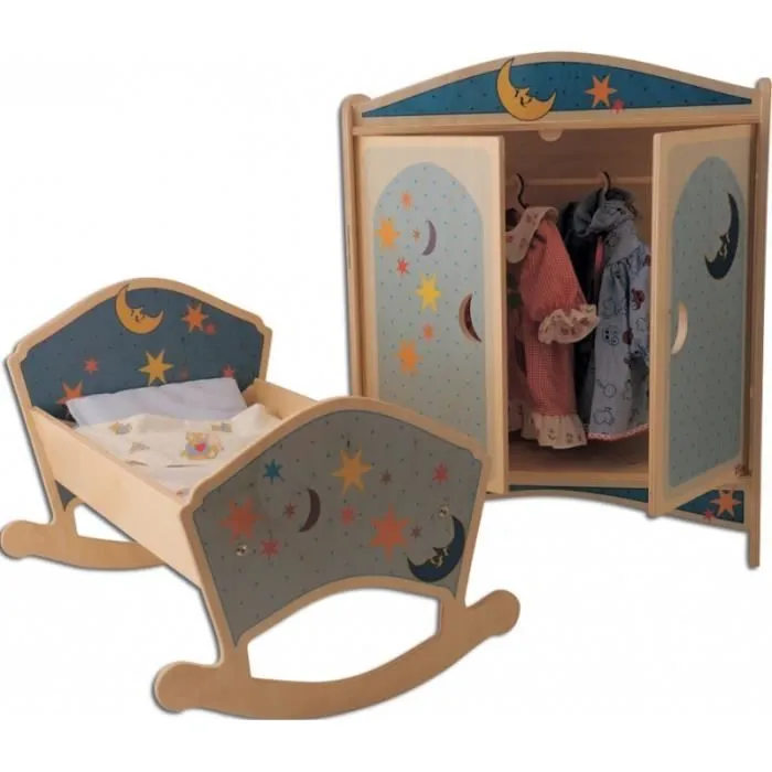 Dida - Armoire de poupée jouet en bois - décoration Lune – Garde-robe en bois avec des cintres pour poupées 50 cm de hauteur-2