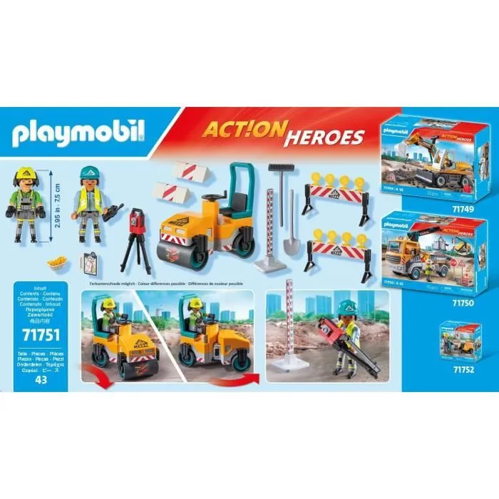 PLAYMOBIL 71751 Ouvriers avec rouleau compresseur et signalisation, Action Heroes, La construction, 43 pièces, Dès 4 ans-7