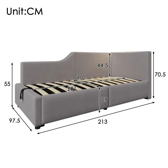 Lit coffre 90x200cm - Velours - Avec liseuse et ports USB-C - Sommier à lattes - Gris-5