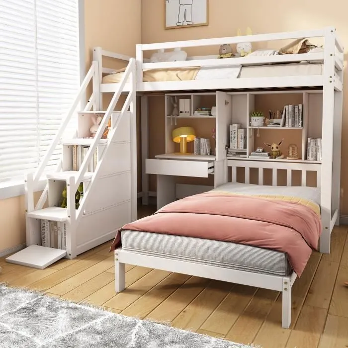 Lit superposé enfant, Lit enfant multifonctionnel, fonction rangement, avec bureau et étagères, avec sommier à lattes, Blanc, 90*200-2