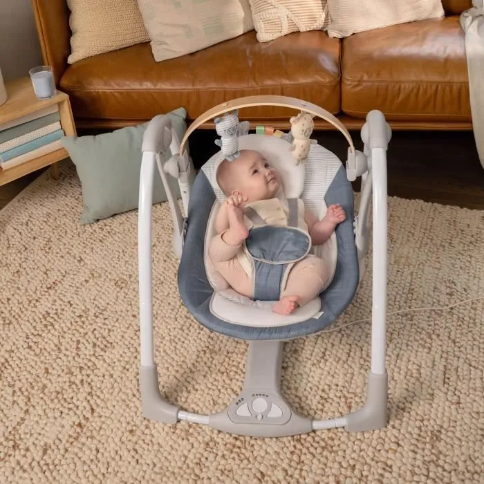 INGENUITY Balancelle bébé électrique compacte – Chambray, arche d'éveil en bois, 5 vitesses de balancement, 8 mélodies et 3 sons de-5