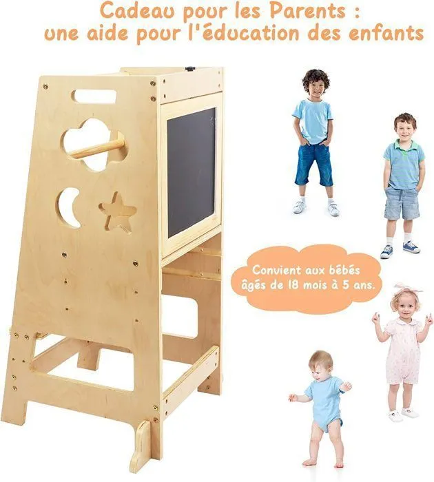 Tour d'apprentissage Enfant Tour d'observation Montessori, Tour Bébé avec 2 Tableau Réinscriptible,3 Hauteurs Réglables,Bois Naturel-4
