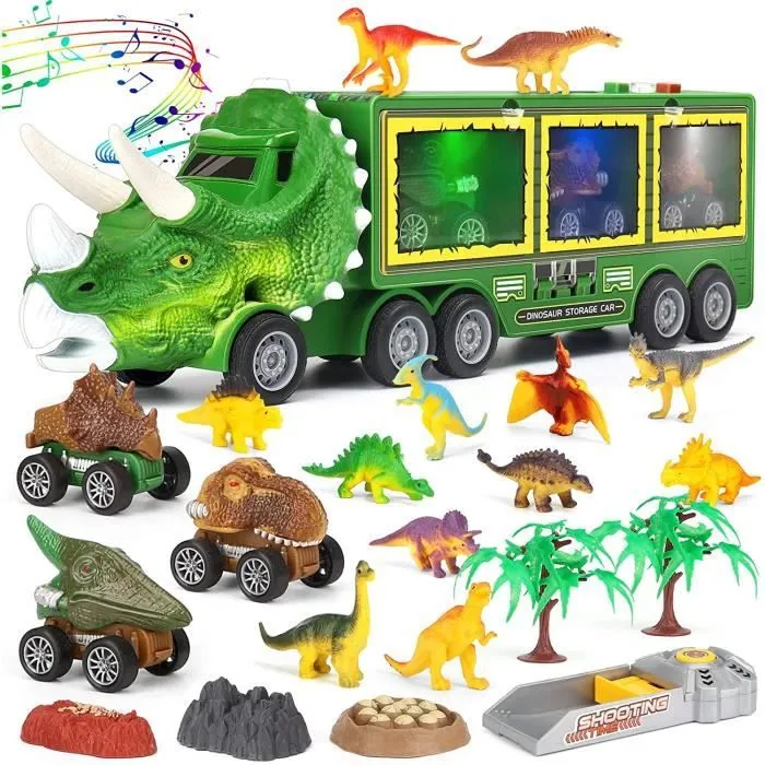 14 en 1 Dinosaure Jouet Dinosaures Camion Transporteur de Voitures avec Oeuf et Dinosaure Enfant Jouet, Mini Voiture Enfant, Cadeau-0