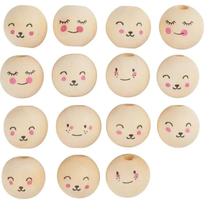 Figurine miniature - Folia - Perles en bois avec visage Cute Faces - 15 pièces-0