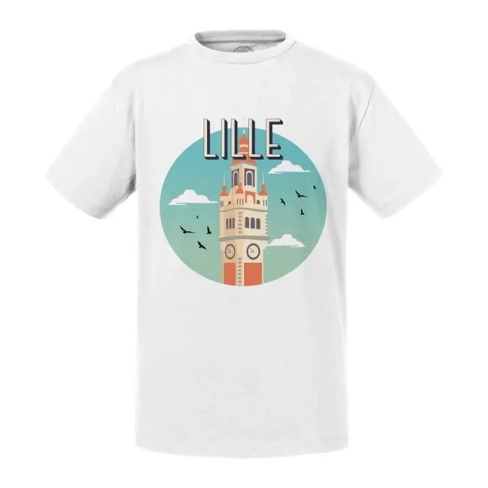 T-shirt Enfant Blanc Lille Le Clocher France Ville Monument Tourisme-0