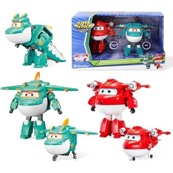 Super Wings 5" Transforming Characters 2-Pack Transforming Supercharged Jett + Tino, Transformer Toy for 3+ Year Old Boy Girl-0